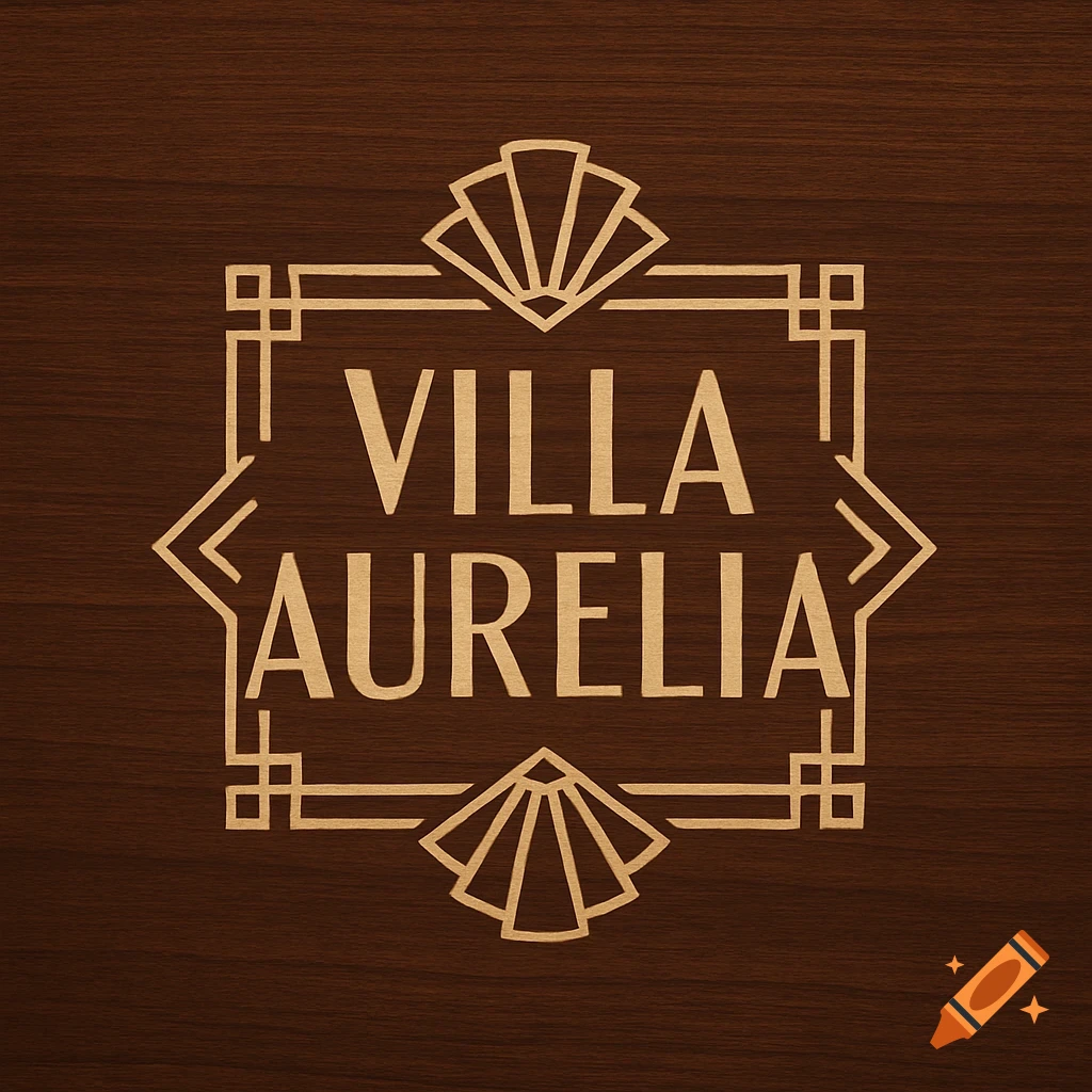 Art Deco logo for 'Villa Aurelia' in golden text with a geometric frame on a dark wood background.