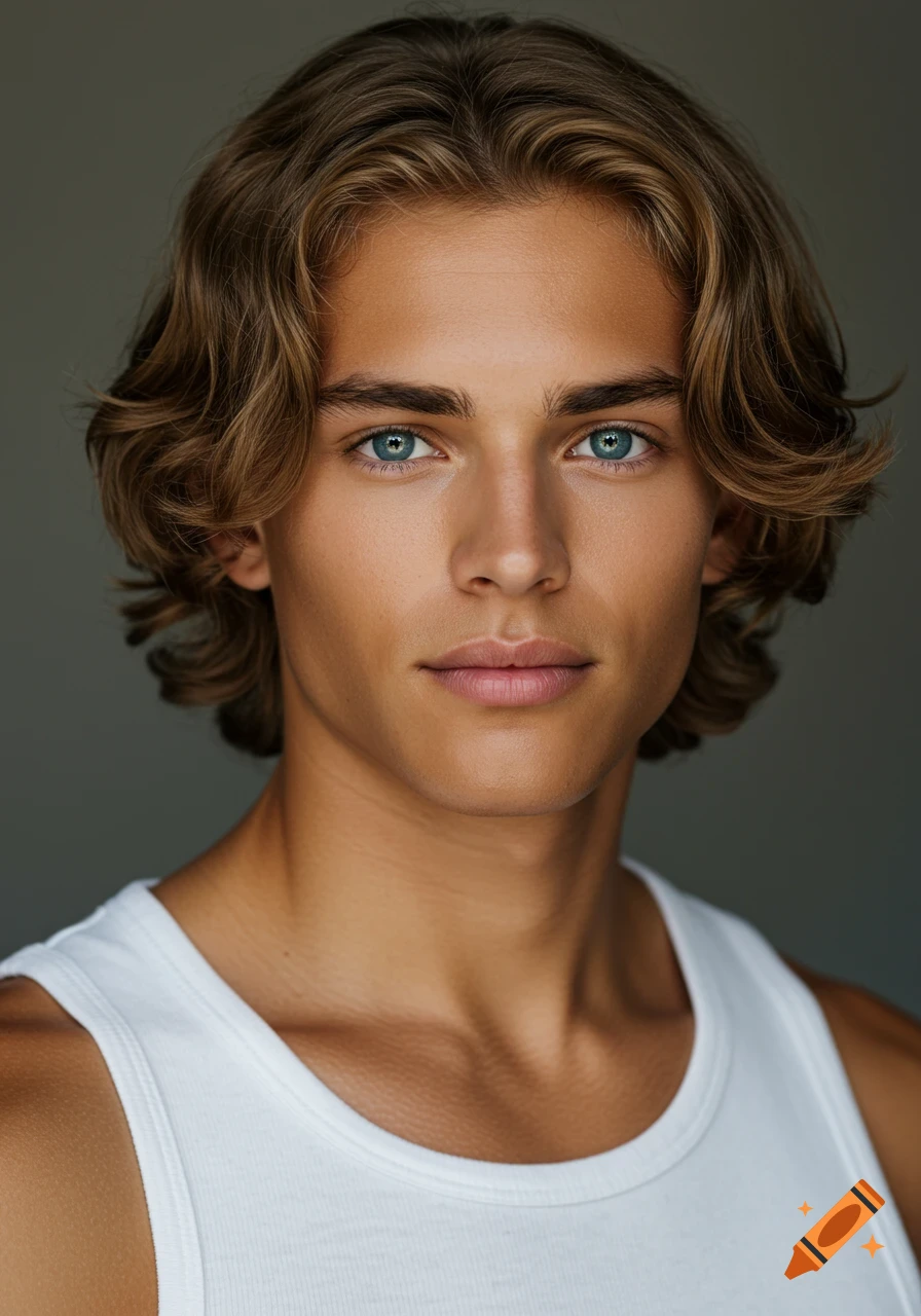 Close-up portrait of a young man with tousled blonde hair and intense blue eyes, wearing a white tank top.