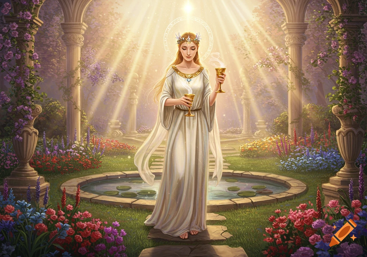 A serene woman in a white gown holds two golden chalices in a sunlit ethereal garden with pillars and a pond, digital painting.