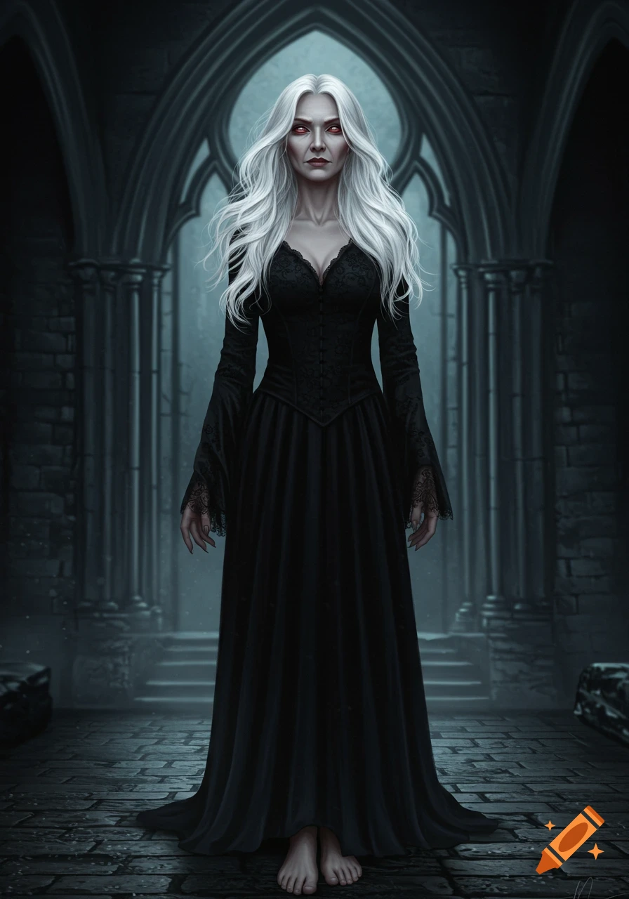 A pale woman with long white hair and red eyes, wearing a black dress, stands barefoot in a dark gothic archway.