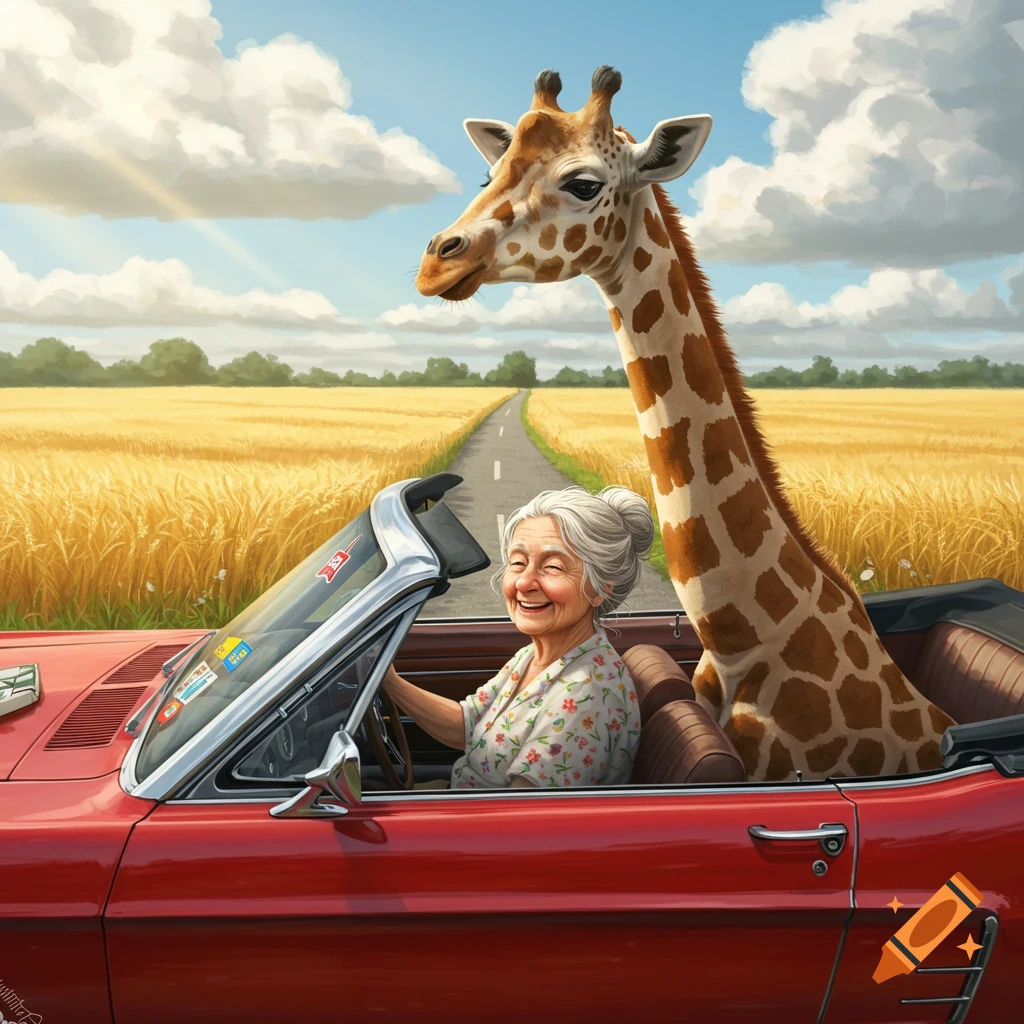 An old woman smiles while driving a red convertible with a giraffe passenger through a golden field on a sunny day.