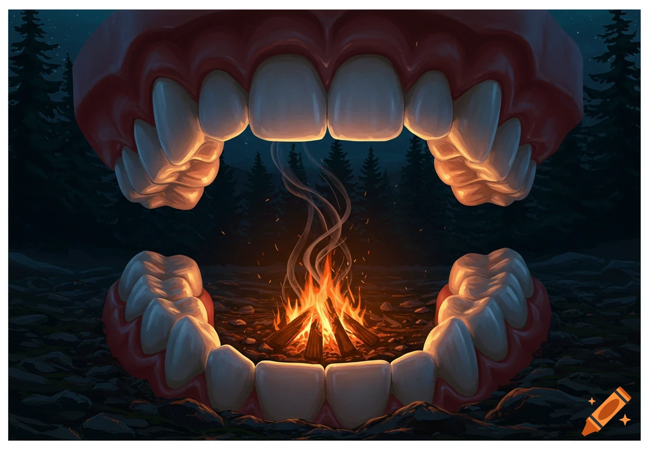 A surreal illustration of a giant open mouth with fangs, containing a roaring campfire, set in a dark forest at night.