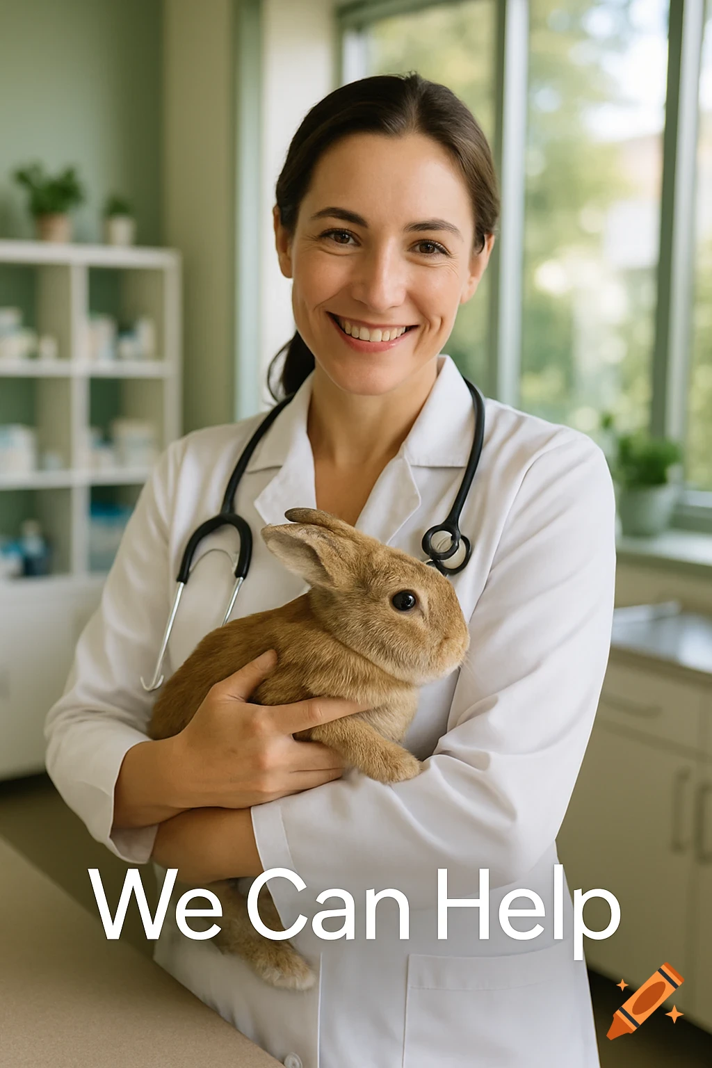A smiling female veterinarian in a white coat and stethoscope holds a brown rabbit in a bright clinic with the text "We Can Help".
