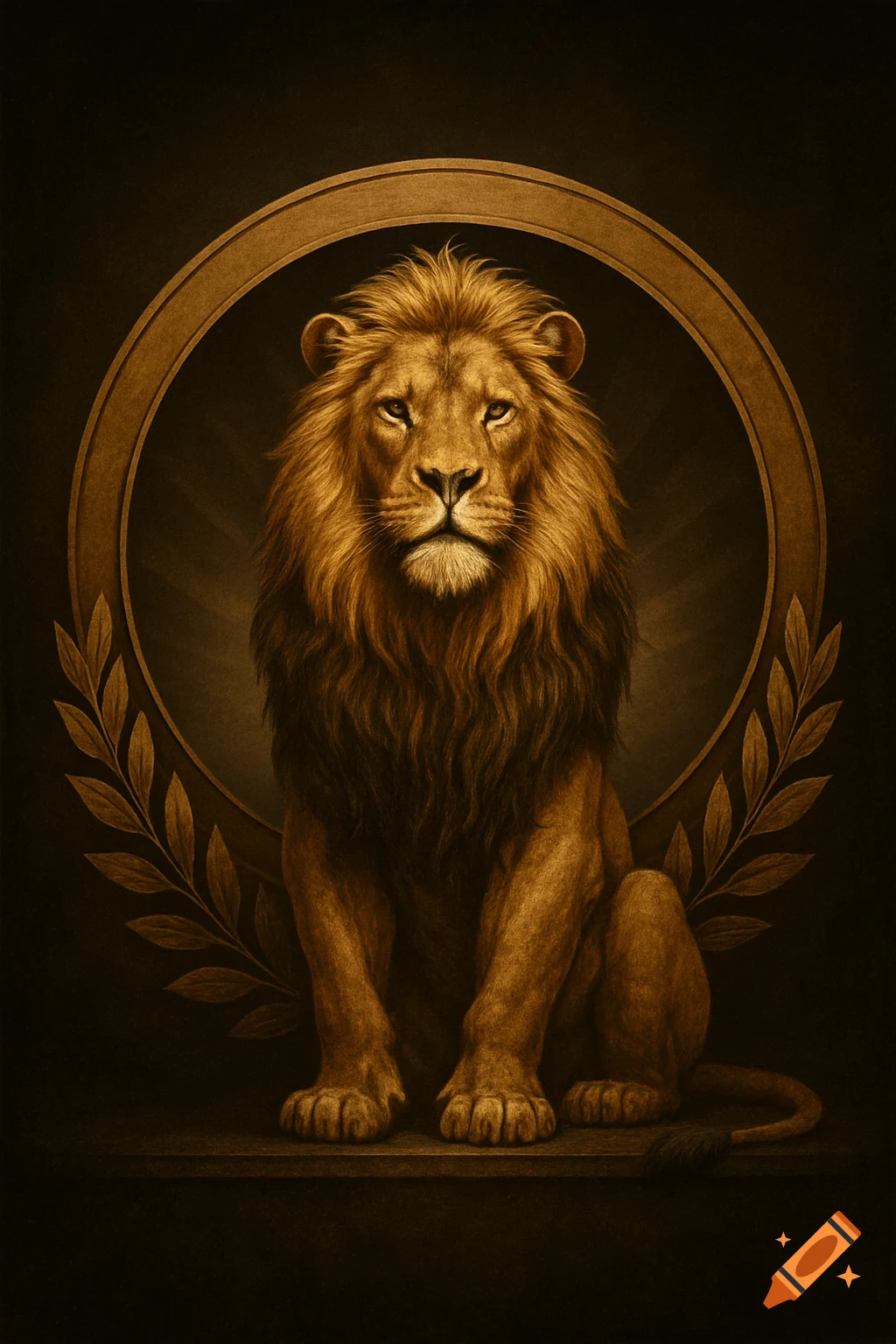 Regal, golden-maned lion sitting in a circular frame with laurel leaves, dark background, illustration style.