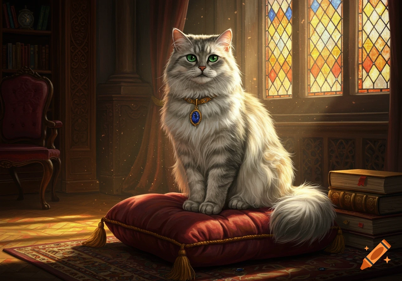 A majestic long-haired silver cat with green eyes and a golden sapphire collar sits on a red velvet cushion in a sunlit Victorian room with a stained-glass window.