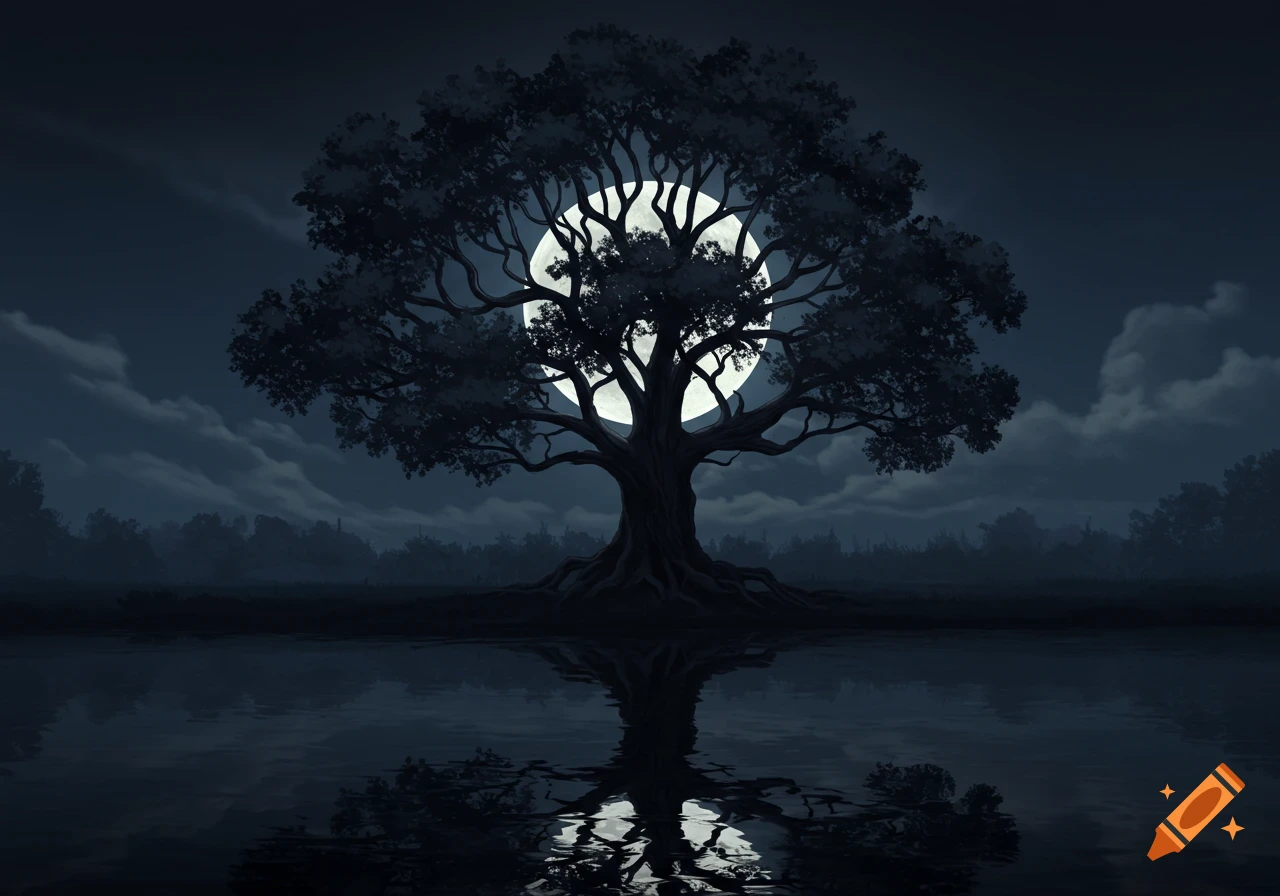 A dark, gnarled tree silhouetted against a bright full moon, reflected in still water under a cloudy night sky. Illustration.