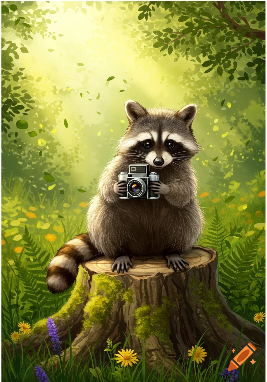 A cute cartoon raccoon sits on a mossy tree stump in a sun-dappled forest, holding a vintage camera.