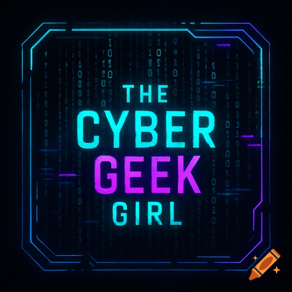 Neon blue and pink logo for 'The Cyber Geek Girl' with a cyberpunk border and binary code background.