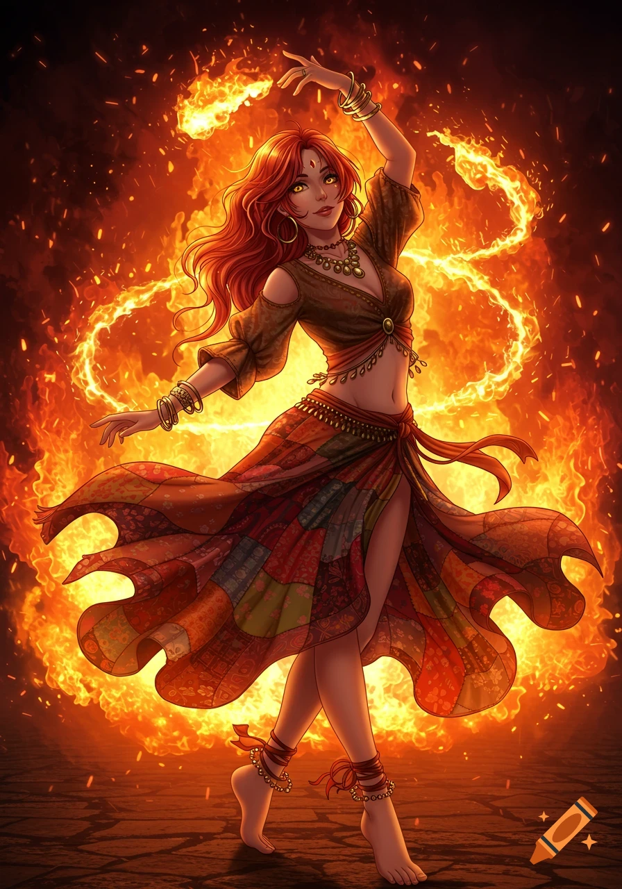 An anime woman with long red hair and a gypsy-style outfit dances, surrounded by swirling fire against a dark background.