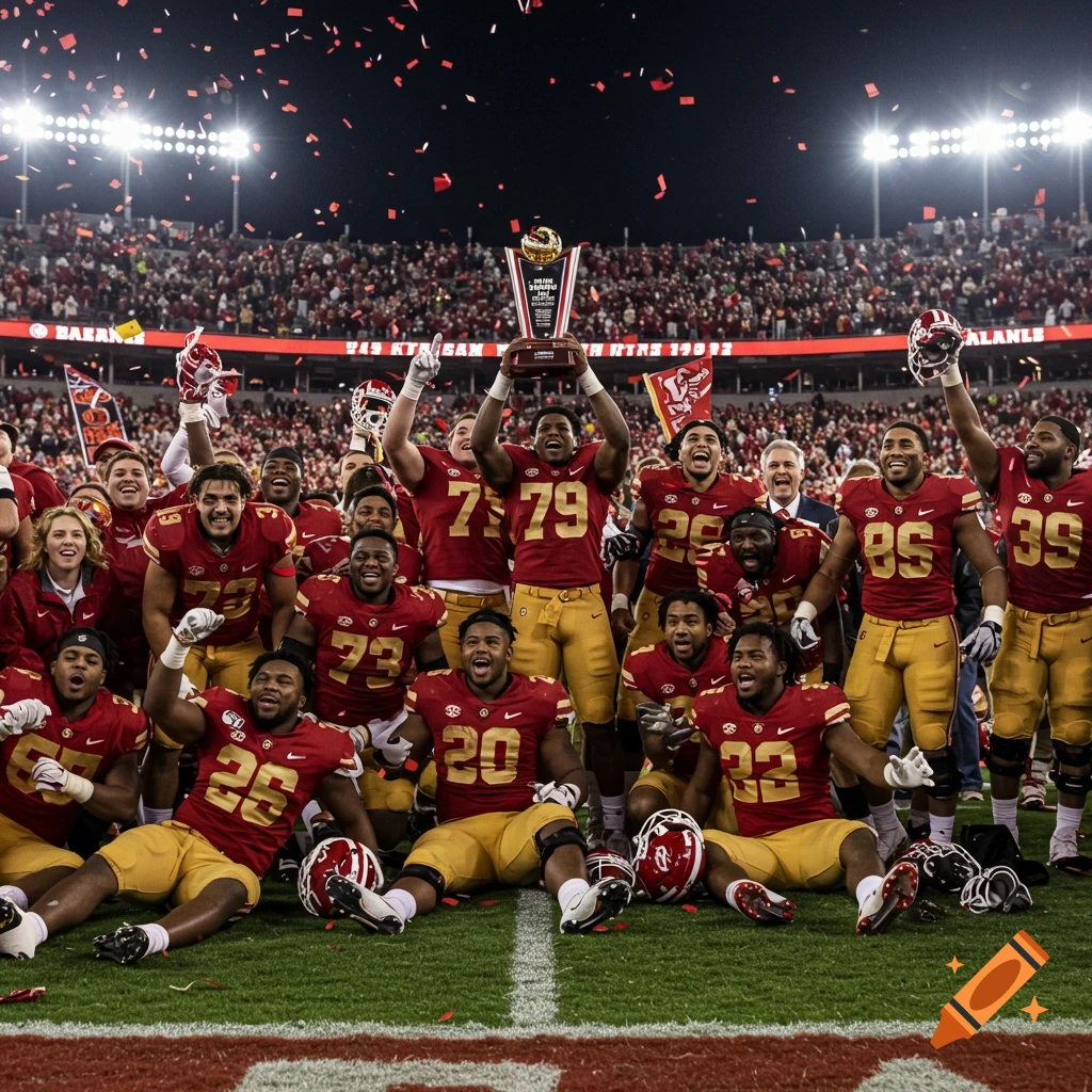 A jubilant team of football players in red and gold uniforms celebrate a championship win on the field, holding a trophy aloft as confetti falls. A packed stadium is in the background.
