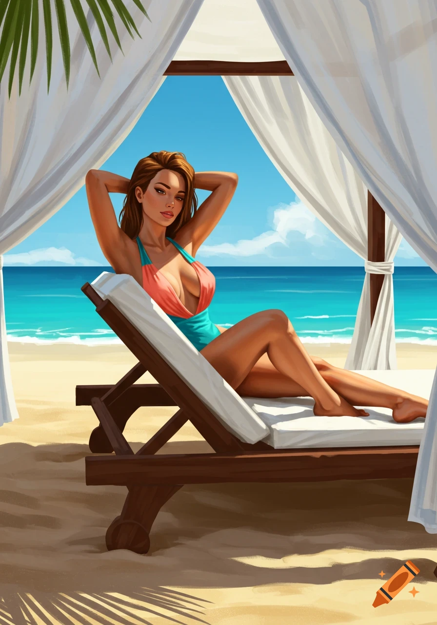 Illustrated woman in a swimsuit relaxing on a beach chair under a canopy, with blue ocean and sky in the background.
