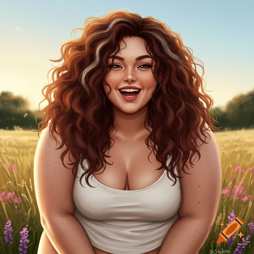 Digital art portrait of a smiling, plus-size woman with long, curly reddish-brown hair and freckles in a sunny field.
