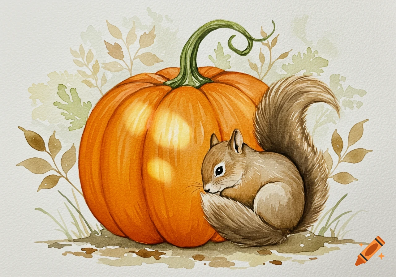 A watercolor painting of a plump orange pumpkin and a small brown squirrel curled up next to it, with subtle autumn leaves in the background.