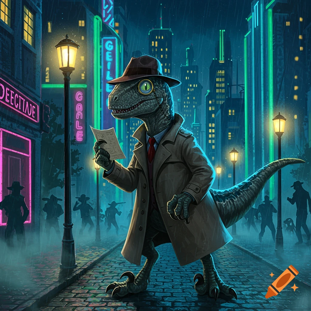 A dinosaur detective in a trench coat, hat, and monocle, holding a paper under a lamppost on a rainy city street at night.