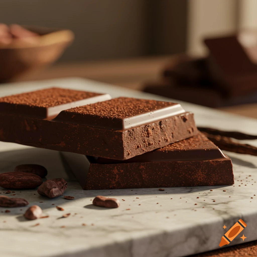 Photorealistic image of chocolate bars dusted with cocoa powder and cocoa beans on a marble surface.