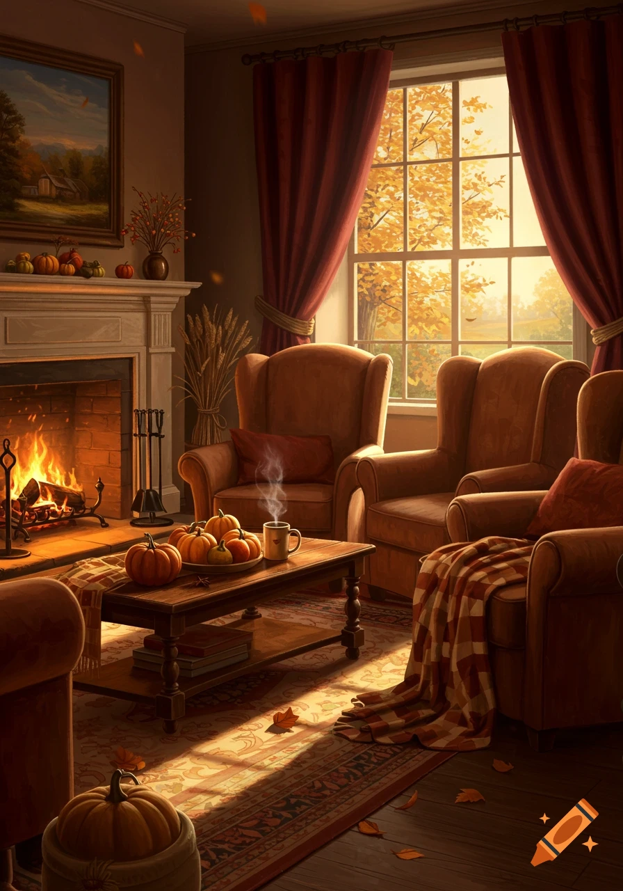 Cozy fall living room with a crackling fireplace, armchairs, pumpkins, and a window overlooking golden autumn trees.