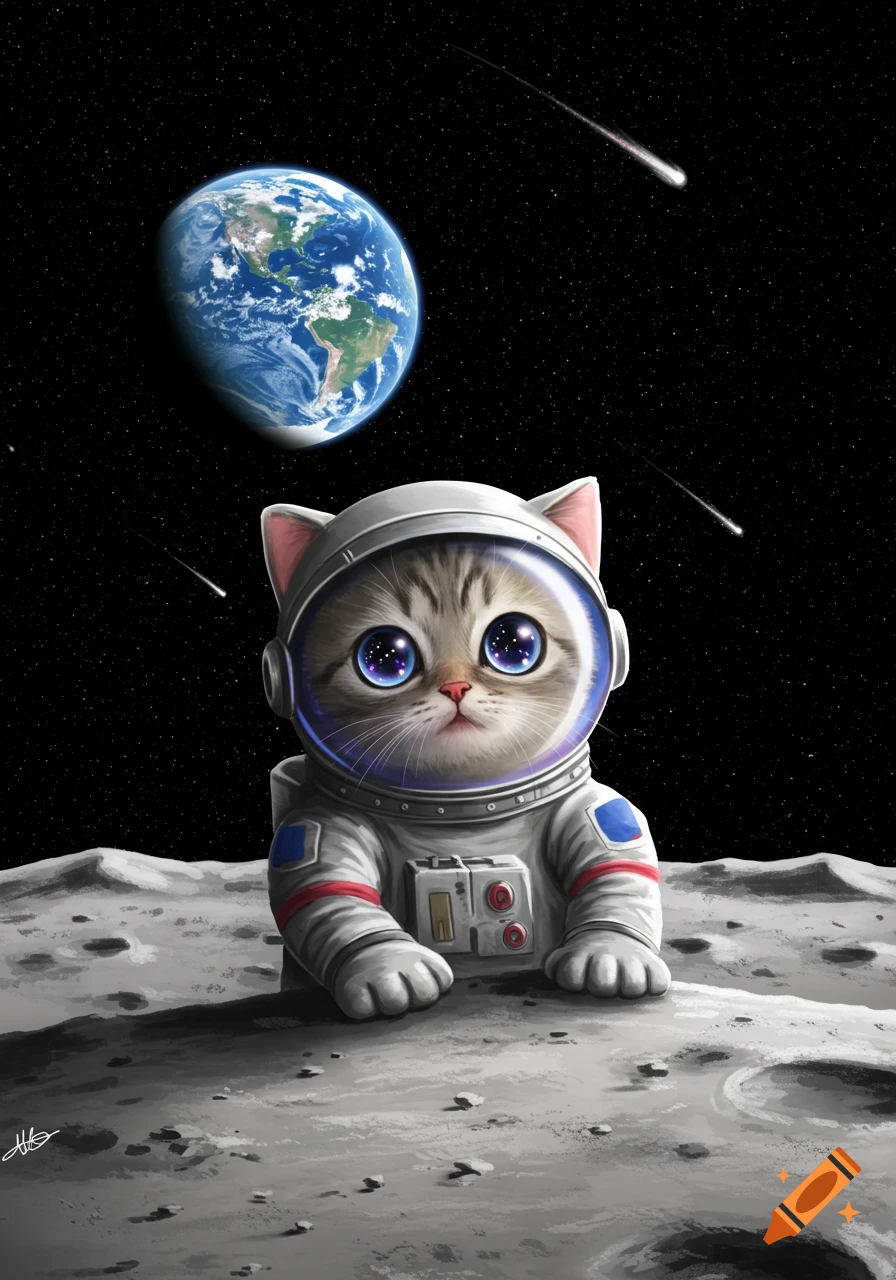 A cute tabby kitten in an astronaut suit sits on the moon, looking at Earth and shooting stars in a dark, starry sky, in an illustrated style.