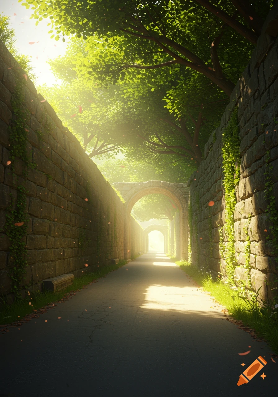 A sunlit stone path with high walls on both sides, leading through archways under green trees and falling petals.