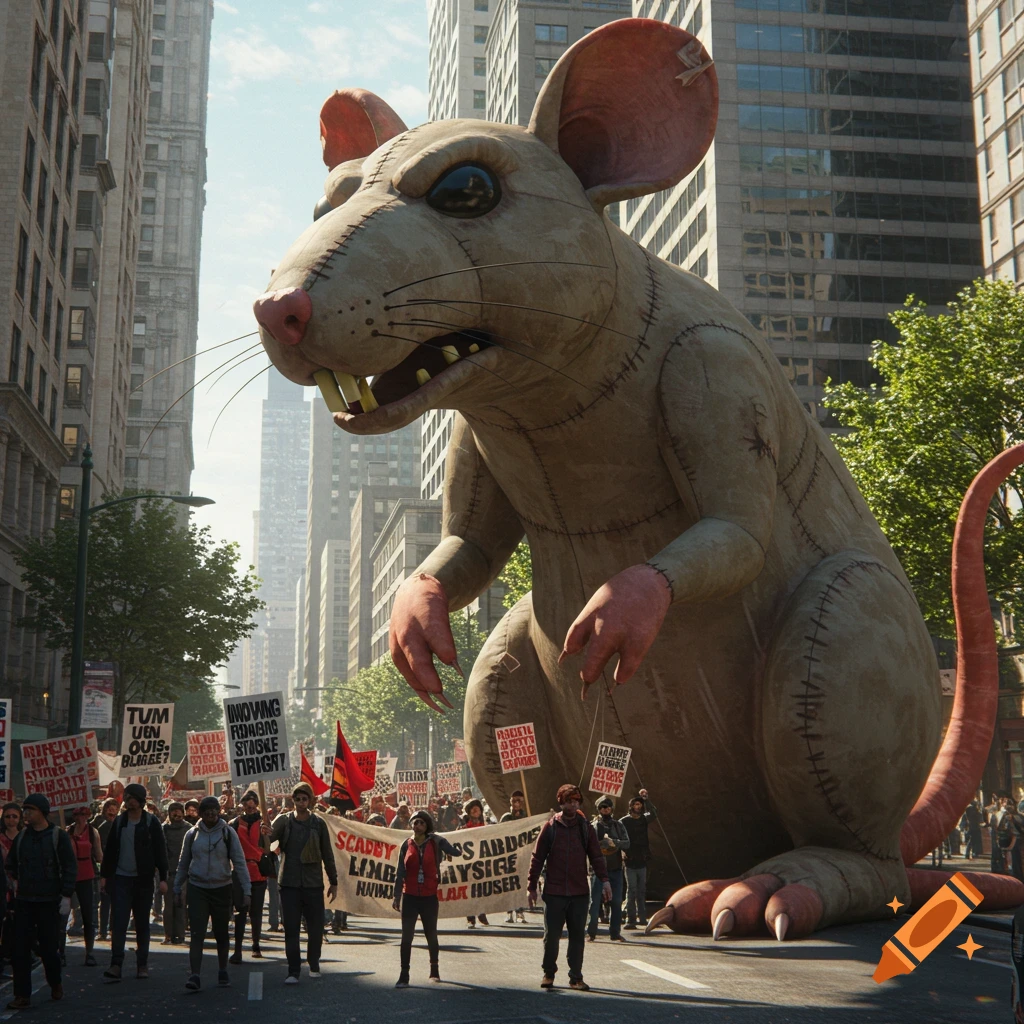 A giant inflatable 'Scabby the Rat' sits on a city street as people protest with signs and banners around it, photorealistic style.