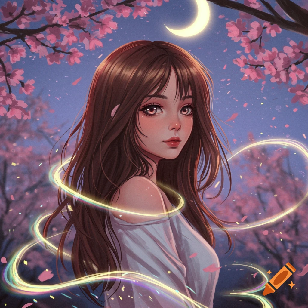 Anime girl with brown hair, pale skin, an off-shoulder top, under a crescent moon and cherry blossoms at night, with glowing light trails.