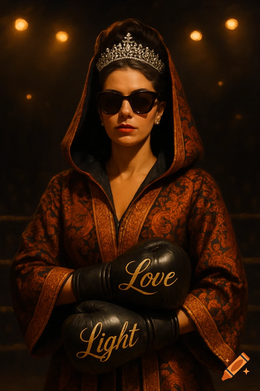 A woman in a hooded, patterned boxing robe, sunglasses, and a tiara. She wears black boxing gloves, one labeled 'Love' and the other 'Light'.
