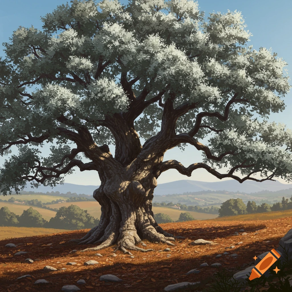An ancient, gnarled oak tree with light green leaves stands prominently in a field of brown foliage under a blue sky, in an illustrative style.