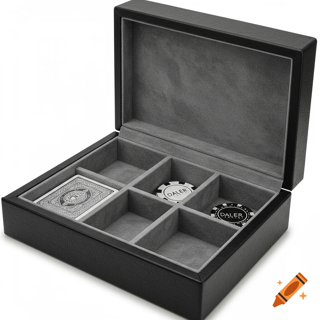 An open black leather poker card box with a gray velvet interior, holding a deck of cards and two poker chips.