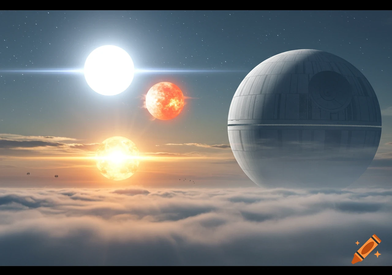 A massive Death Star hovers above clouds, illuminated by three suns (one white, two orange) in a vibrant morning sky. Small spacecraft fly below.