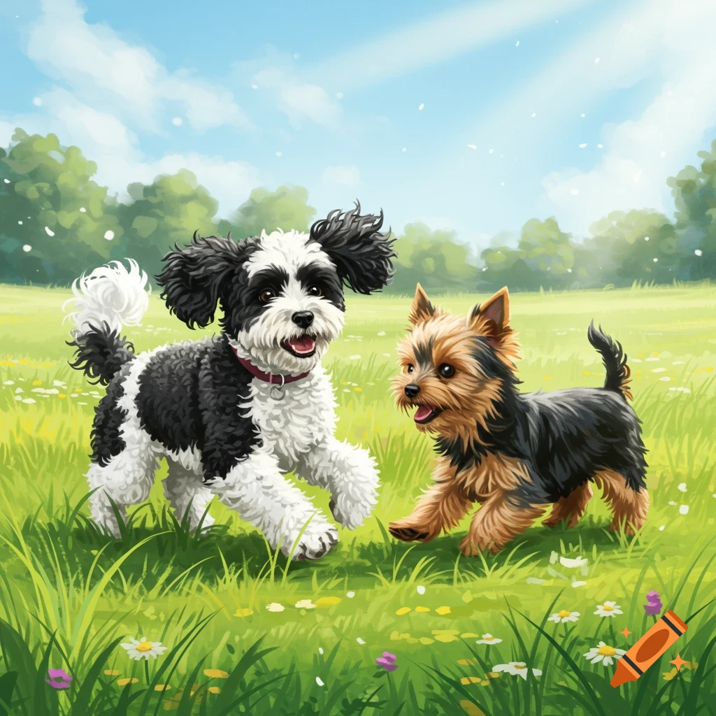 A black and white fluffy dog and a Yorkshire terrier play in a sunny, green field with wildflowers, in an illustration.
