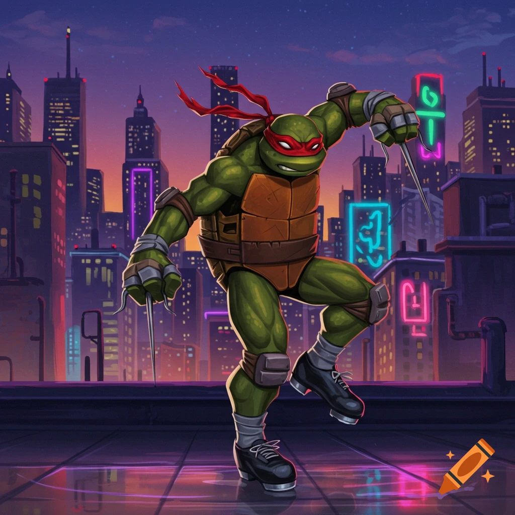 Raphael from TMNT tap dancing on a city rooftop at dusk, wearing black tap shoes. Neon city lights glow in the background.