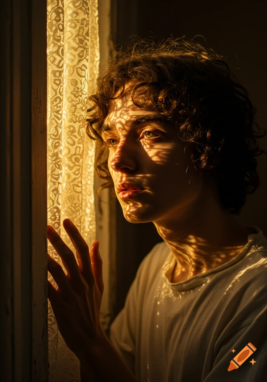 A photorealistic close-up portrait of a person with curly hair, bathed in warm golden light and intricate lace shadows from a window.