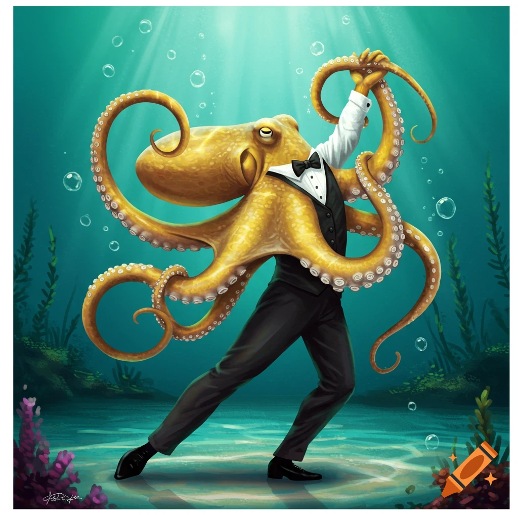 An illustrated golden octopus with human legs, wearing a tuxedo, dancing in a vibrant underwater scene.