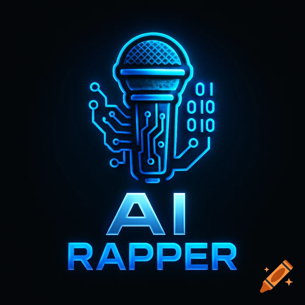 A glowing blue logo featuring a stylized microphone with circuit board patterns and the text "AI RAPPER" on a dark background.