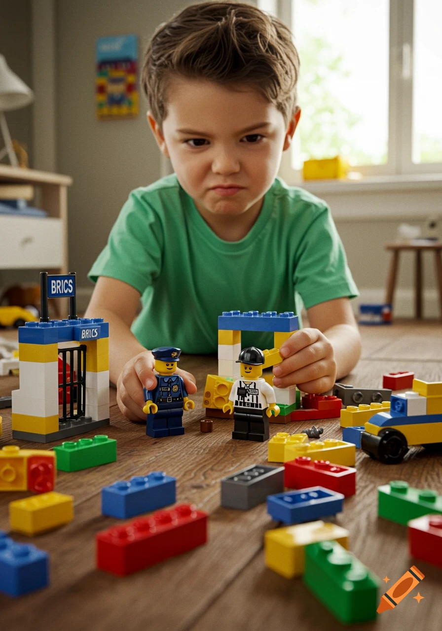 A young boy with a stern expression plays with LEGO bricks and minifigures of a police officer and a prisoner on a wooden floor, photorealistic.