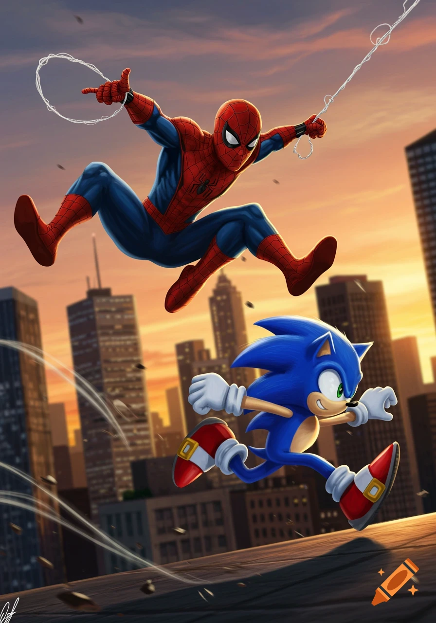 Spider-Man swings above Sonic the Hedgehog as he runs across a rooftop over a city skyline at sunset, in an illustrated style.