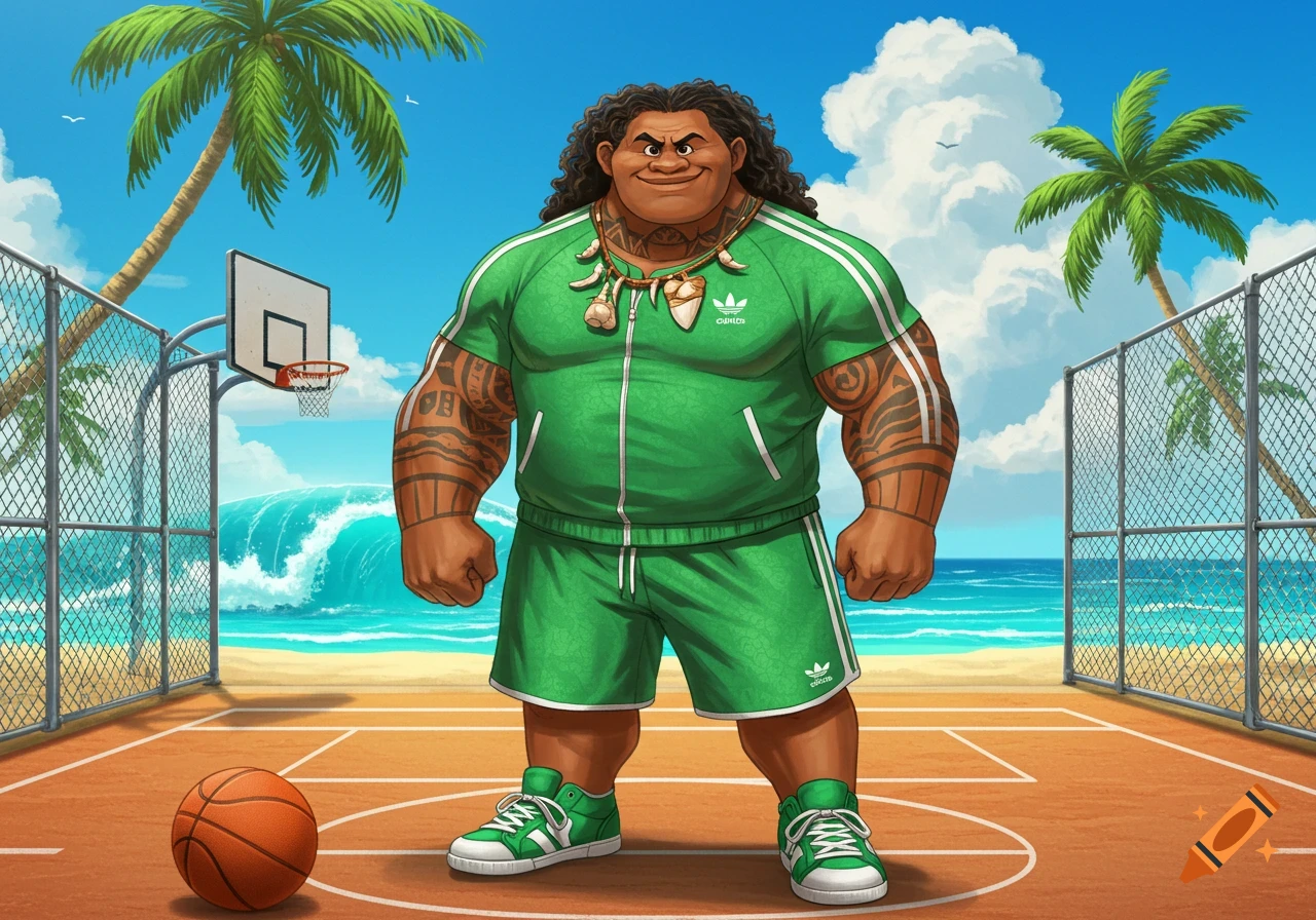 Cartoon Maui in a green tracksuit and sneakers on a beach basketball court with palm trees and ocean waves.