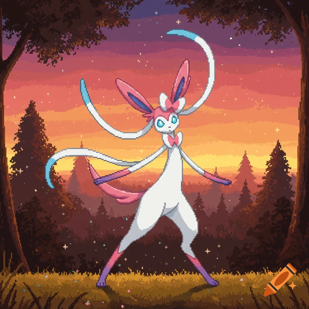 Pixel art of Sylveon in a dynamic combat pose within a forest at sunset.