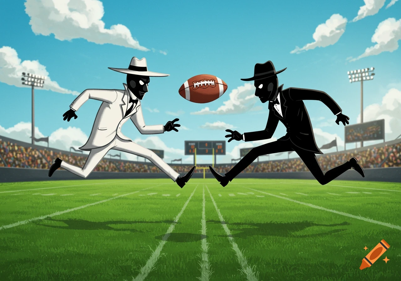 A cartoon image showing two black-faced figures, one in a white suit and one in a black suit, running on a football field for a football in a stadium.