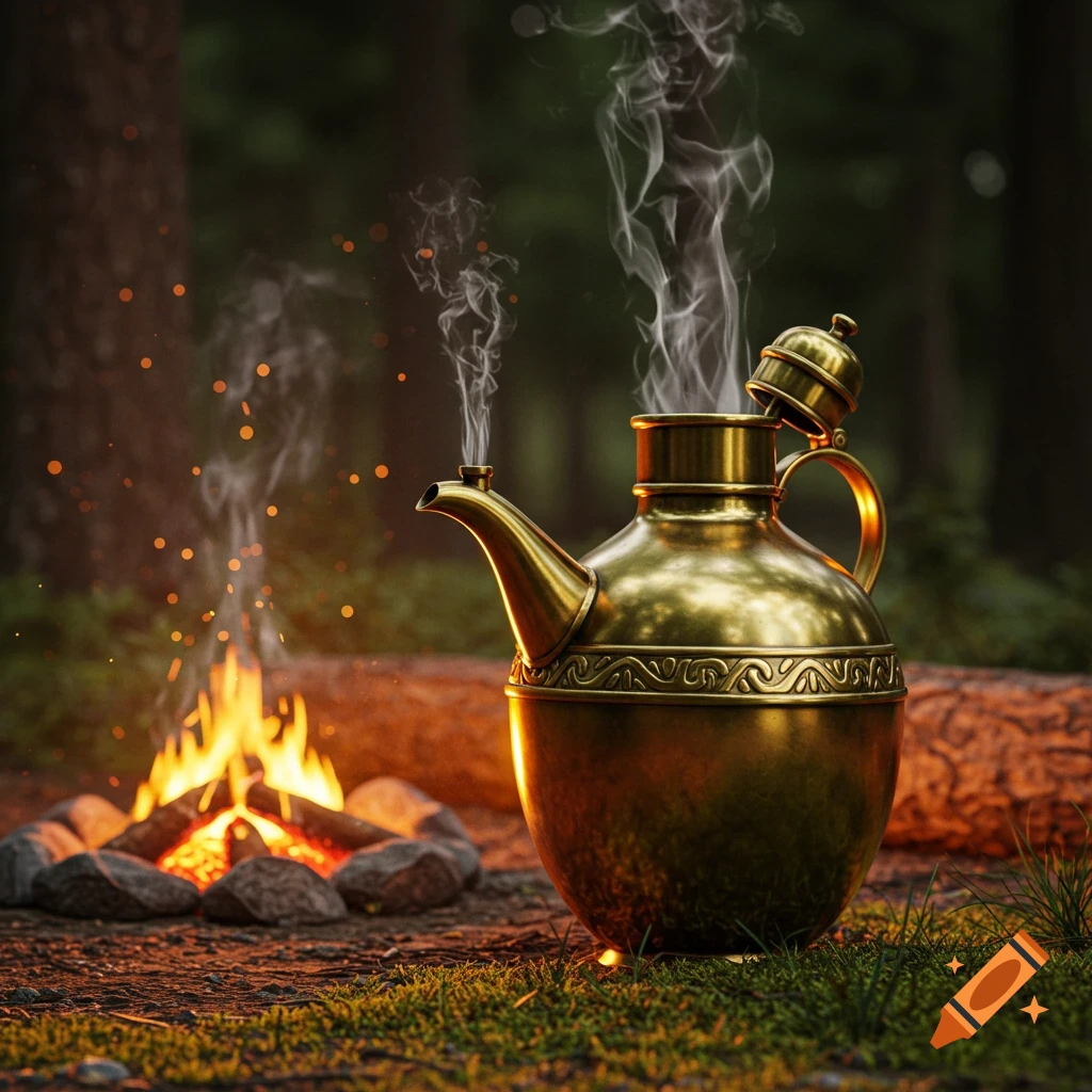 A steaming ornate brass kettle sits beside a cozy campfire in a dark forest setting.