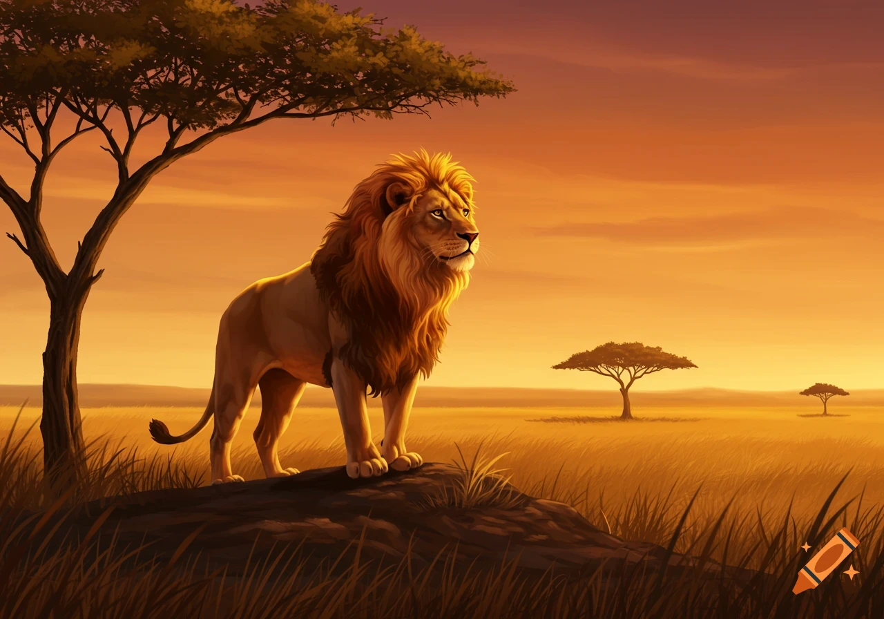A majestic lion stands on a rock in a golden savanna at sunset, with acacia trees in the background, in an illustrative style.