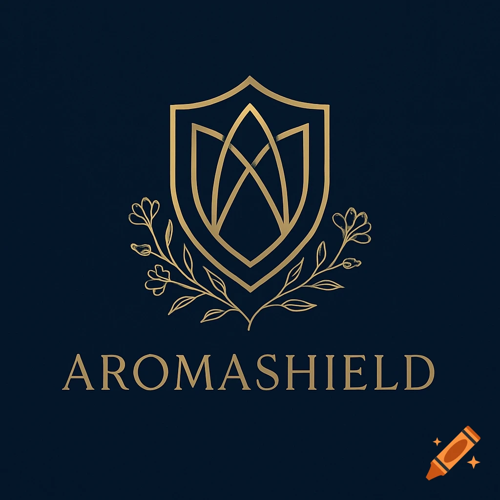 Gold shield logo with floral accents and 'AROMASHIELD' text on a dark blue background.