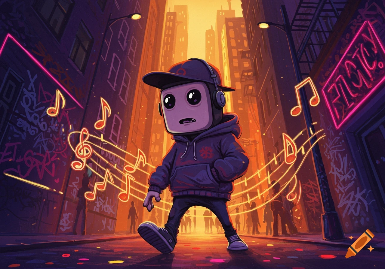A cartoon character with a square head, hoodie, and headphones walks down a vibrant, graffiti-covered city street at dusk, surrounded by glowing musical notes and neon signs.