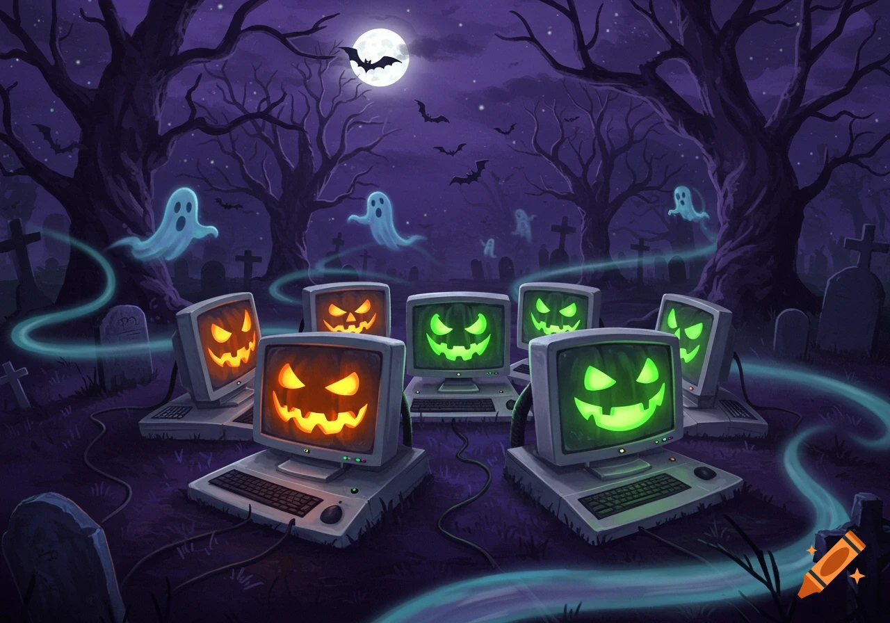 A moonlit Halloween graveyard scene with old computers displaying glowing jack-o'-lantern faces, surrounded by flying ghosts and bats.