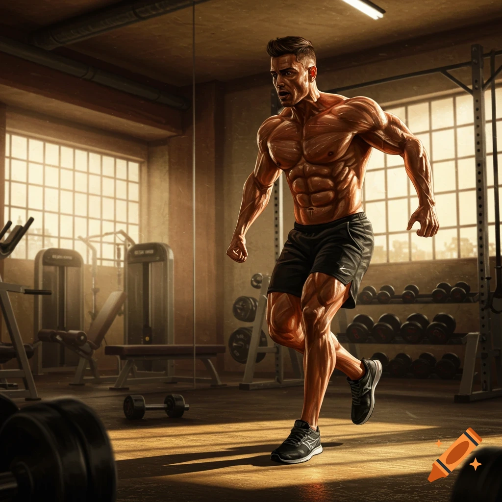 A hyper-realistic image of an intensely muscular man walking through a gym.