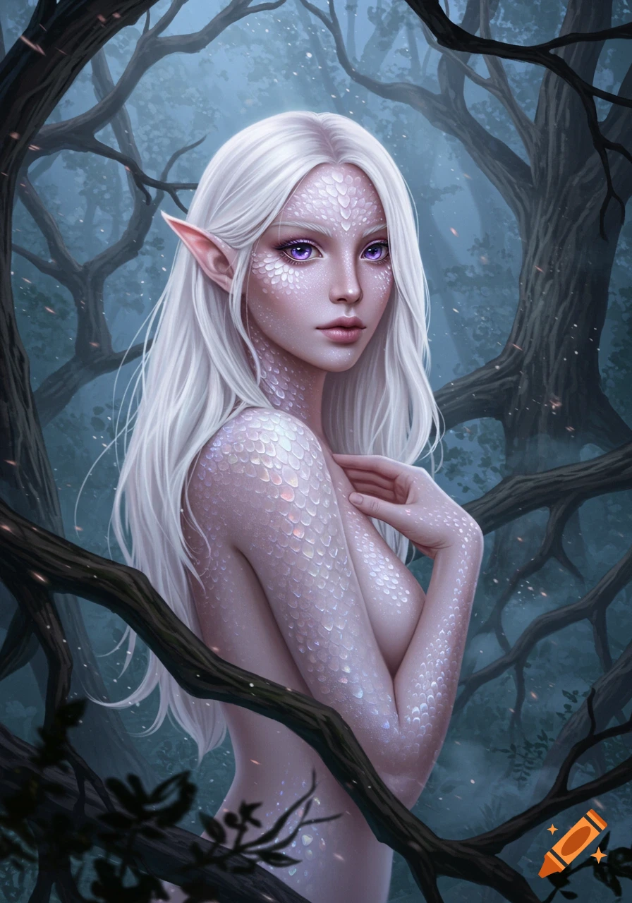 A fantasy portrait of a pale-skinned female with white hair, purple eyes, elf ears, and subtle dragon scales, framed by dark trees in a misty forest.