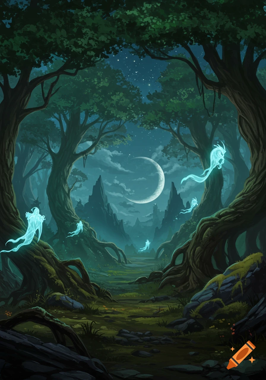 A mystical, dark forest at night with towering trees, glowing blue spirits, and a large crescent moon in the sky.