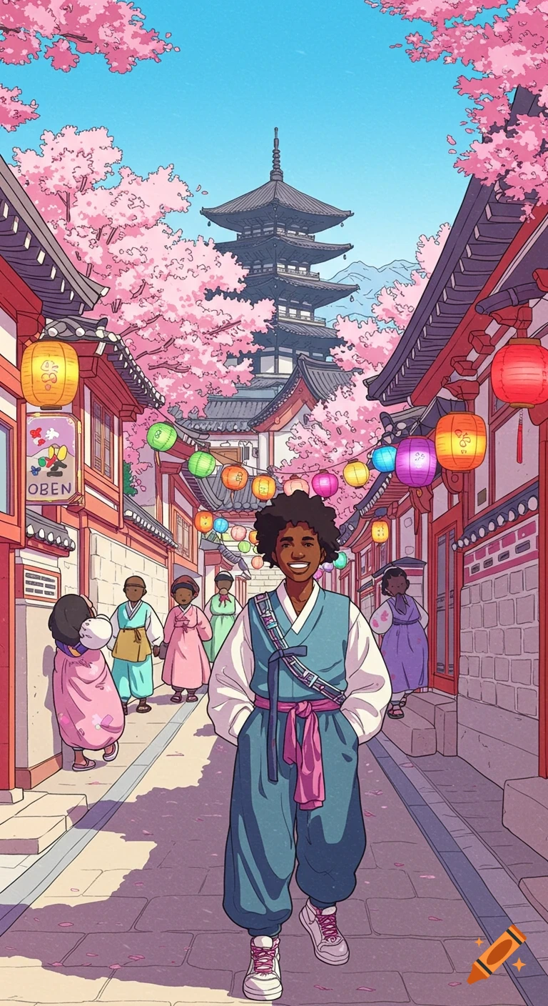A cartoon of a smiling Black man in a blue hanbok walking on a street lined with traditional Korean buildings and pink cherry blossoms.