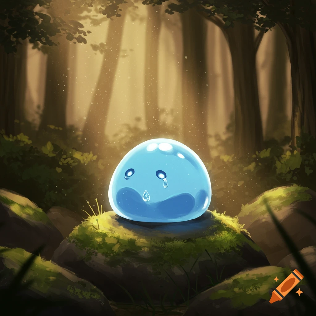 A cute blue, translucent slime with white eyes and tears sits on a mossy rock in a sun-dappled forest, anime style.