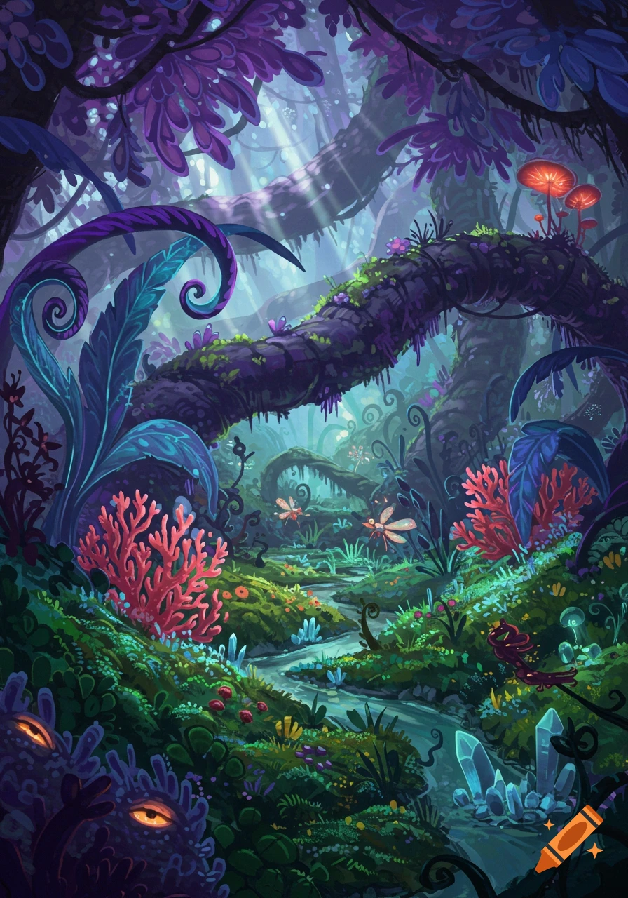 A vibrant, stylized fantasy forest with purple trees, glowing red mushrooms, blue crystals, a winding stream, and floating dragonflies under sunlit rays.