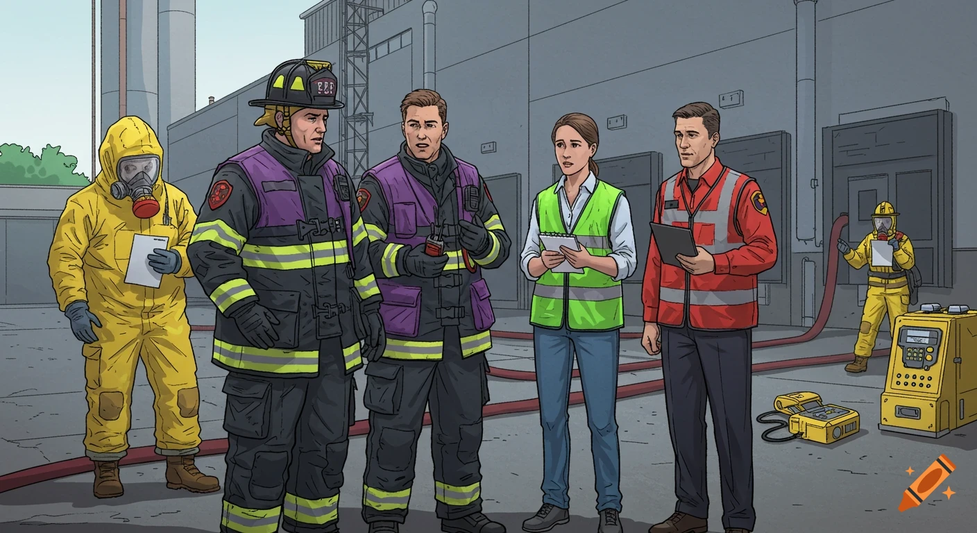 Comic illustration of emergency personnel, including firefighters, a hazmat responder, and advisors, discussing an incident at an industrial plant.